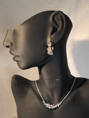 Avon 1980s Multicolor Crystal Sterling Necklace and Hoop Earrings Set